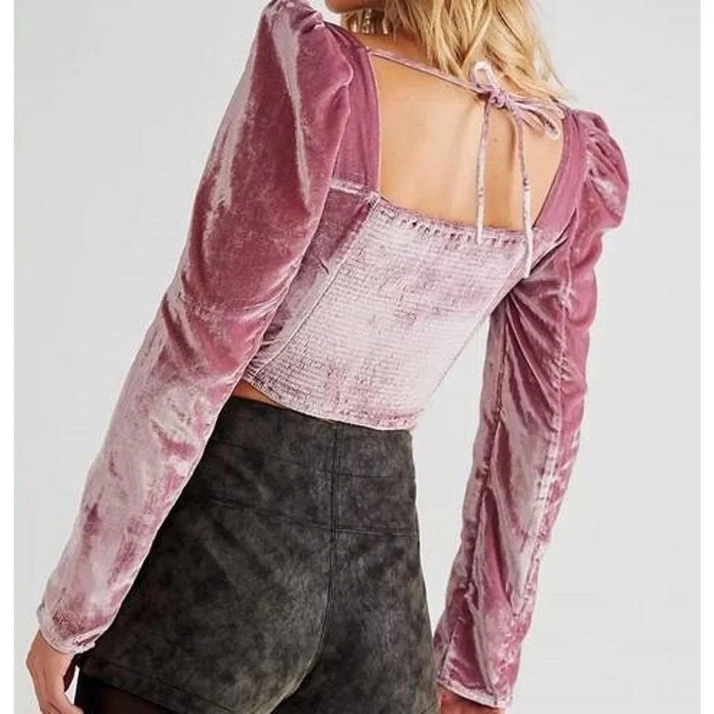 Free People Pink Velvet Bridgette Puff Sleeve Sweetheart Top M - Picture 2 of 6
